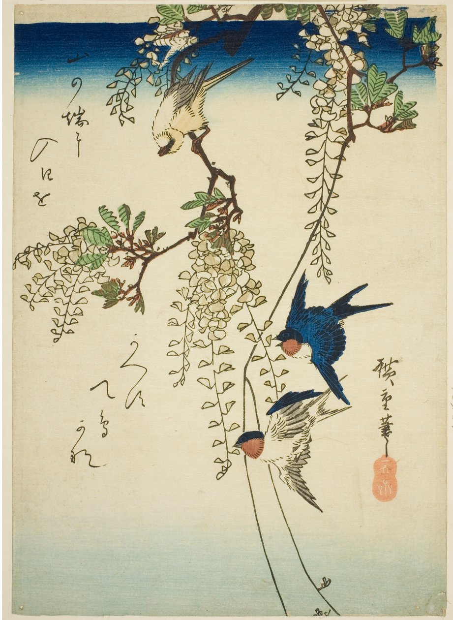 Fecske, sárga madár és wisteria alkotó: Utagawa Hiroshige
