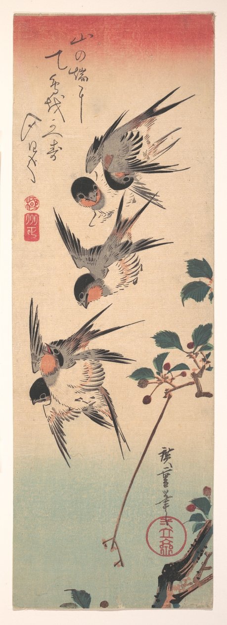 Schwalben und blühende Wildkirsche alkotó: Utagawa Hiroshige