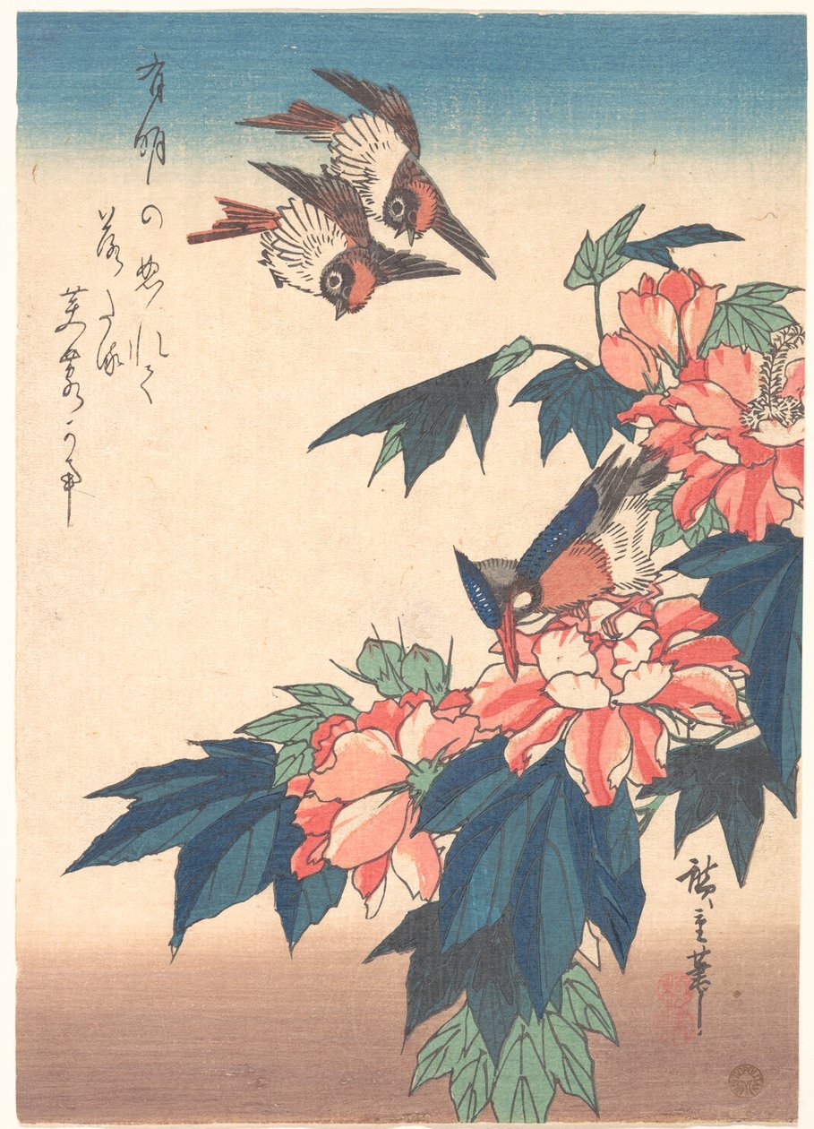 Fecskék és jégmadár rózsamályvákkal alkotó: Utagawa Hiroshige