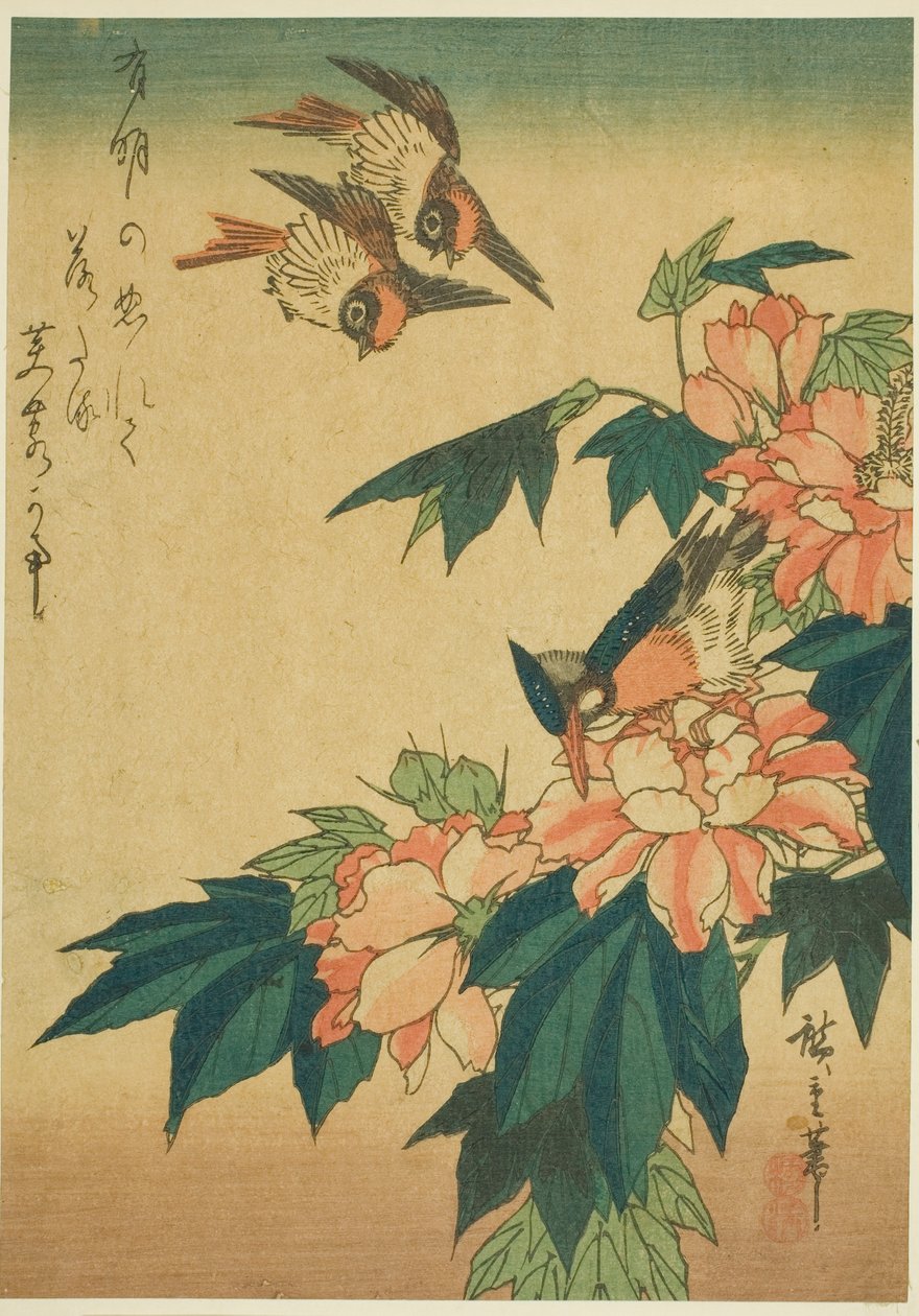 Fecskék, jégmadár és hibiszkusz alkotó: Utagawa Hiroshige