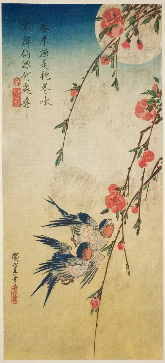 Fecskék, pleach virágok és telihold alkotó: Utagawa Hiroshige