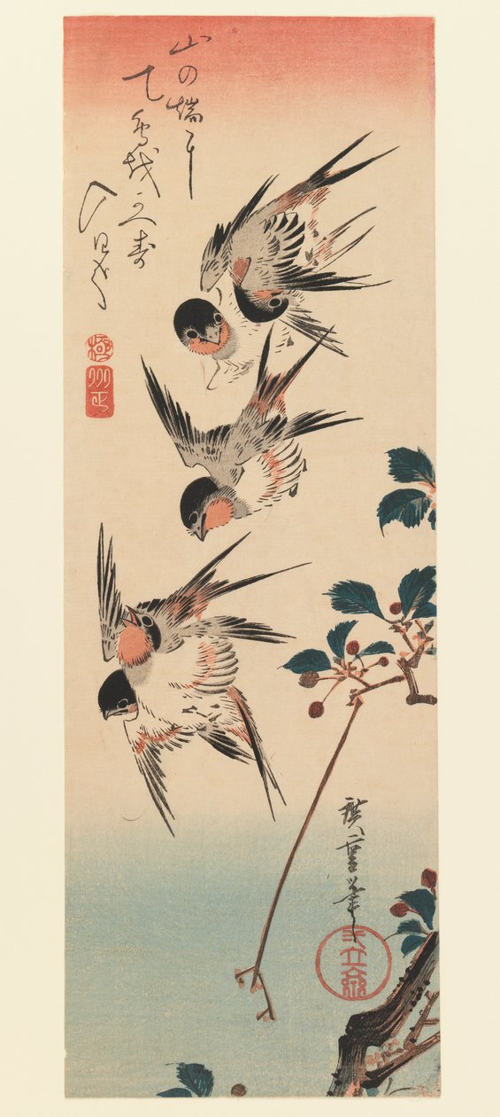 Tanzaku, Négy fecske, 1832 (színes fatömbnyomat) alkotó: Utagawa Hiroshige