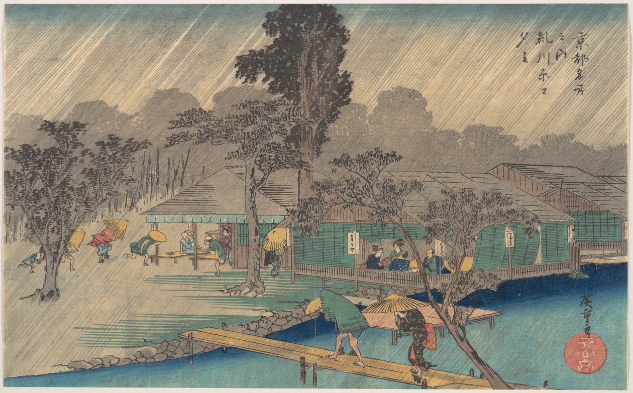 Teaházak a Tadasu folyó partján záporban alkotó: Utagawa Hiroshige