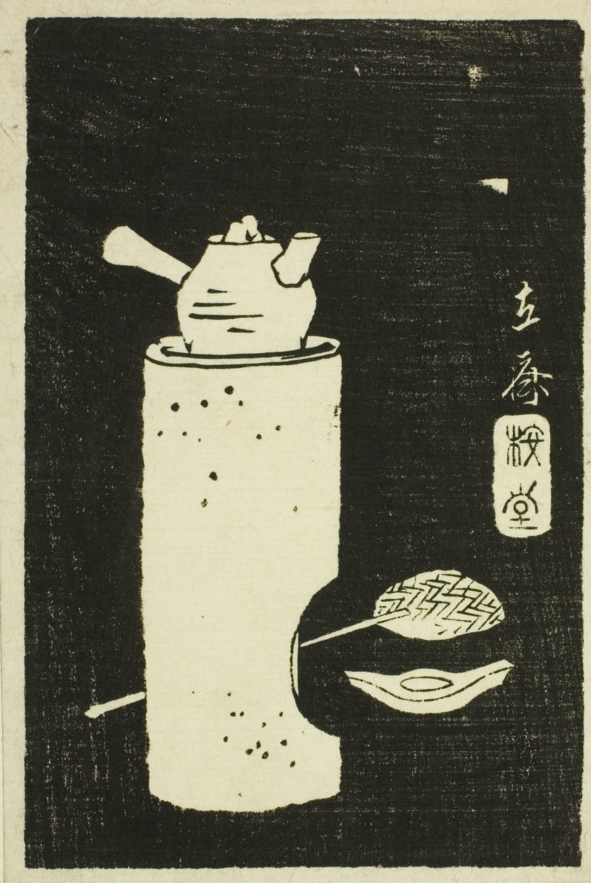 Teáskanna, egy lap része a „Tartományok látképeinek kődörzsölésének tükre” című sorozatból (Kohon meihitsu ishizuri kagami) alkotó: Utagawa Hiroshige