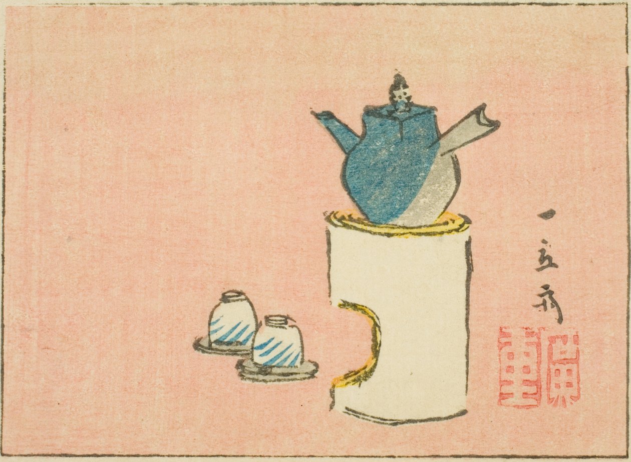 Teáskanna és csészék, egy lap egy része egy sor névtelen harimaze-nyomatból alkotó: Utagawa Hiroshige