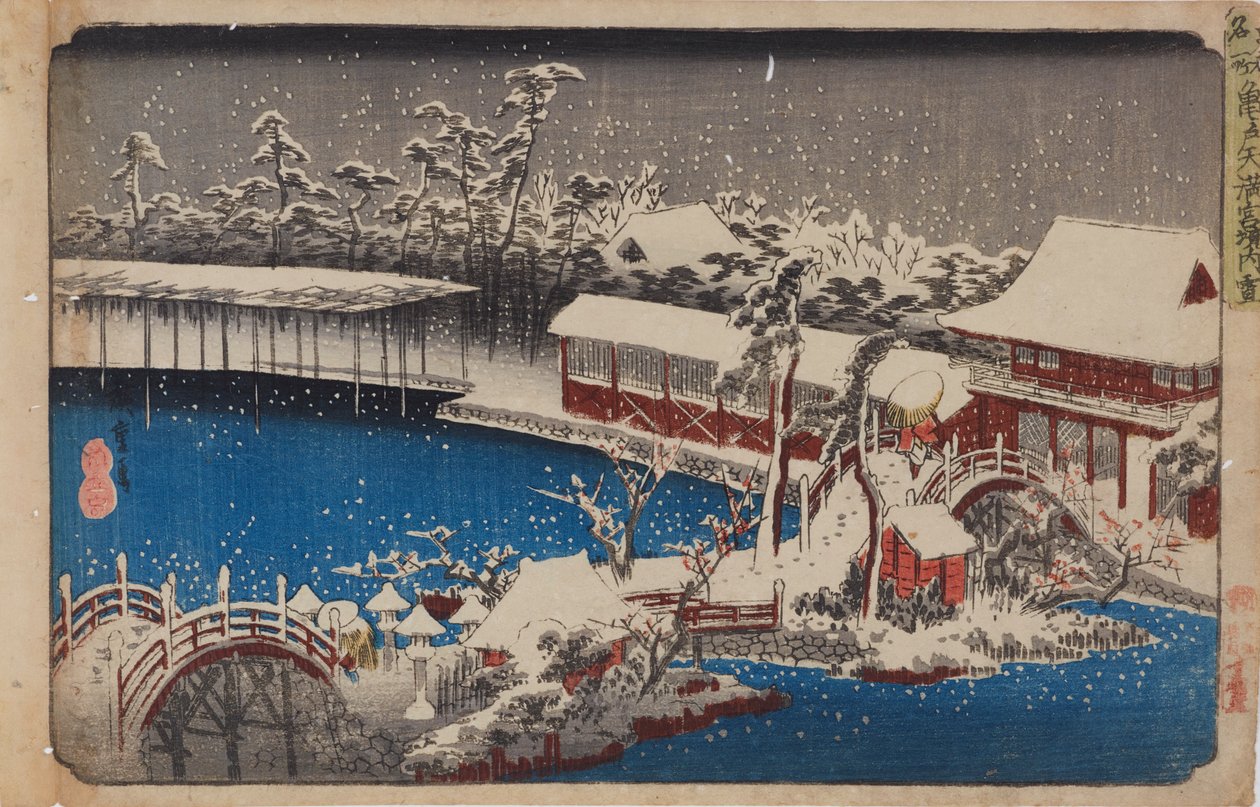 A Kameidóban található Tenmangū-szentély hóban, a „A keleti főváros híres helyei” sorozatból alkotó: Utagawa Hiroshige