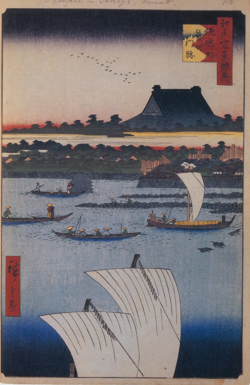 Teppozu és Tsukiji Monzeki templom Edo száz híres kilátása, 1856-1858 alkotó: Utagawa Hiroshige