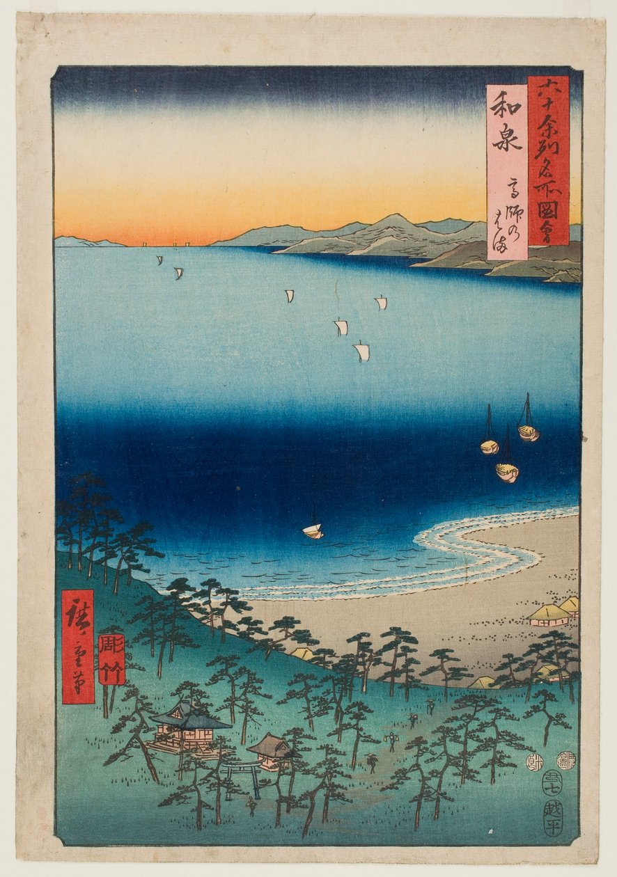 A Takashi-i strand Izumi tartományban, a „Híres helyek a hatvanvalahány tartományban” című sorozatból alkotó: Utagawa Hiroshige
