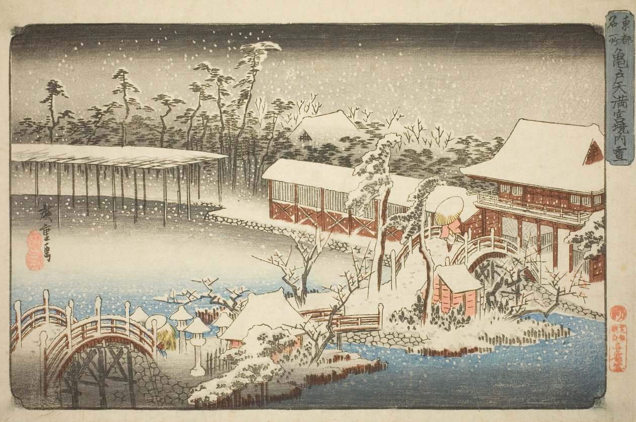 A Kameido in the Snow (Kameido Tenmangu keidai no yuki) Tenman szentélyének épülete a "Híres helyek a keleti fővárosban (Toto meisho)" sorozatból. alkotó: Utagawa Hiroshige