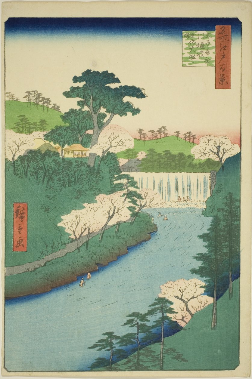 A gát az Otonashi folyón Ojinál, amelyet általában "Nagy vízesésnek" neveznek (Oji Otonashigawa entai, sezoku Otaki tonau), az "Edo száz híres képe (Meisho Edo hyakkei)" sorozatból. alkotó: Utagawa Hiroshige