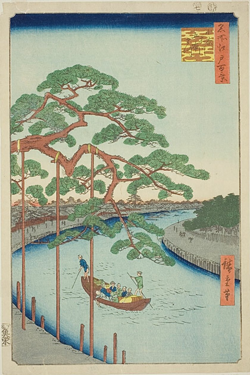 Az öt fenyő az Onagi folyón (Onagigawa Gohonmatsu), 97. sz. az "Edo száz híres látképe (Meisho Edo hyakkei)" sorozatból. alkotó: Utagawa Hiroshige