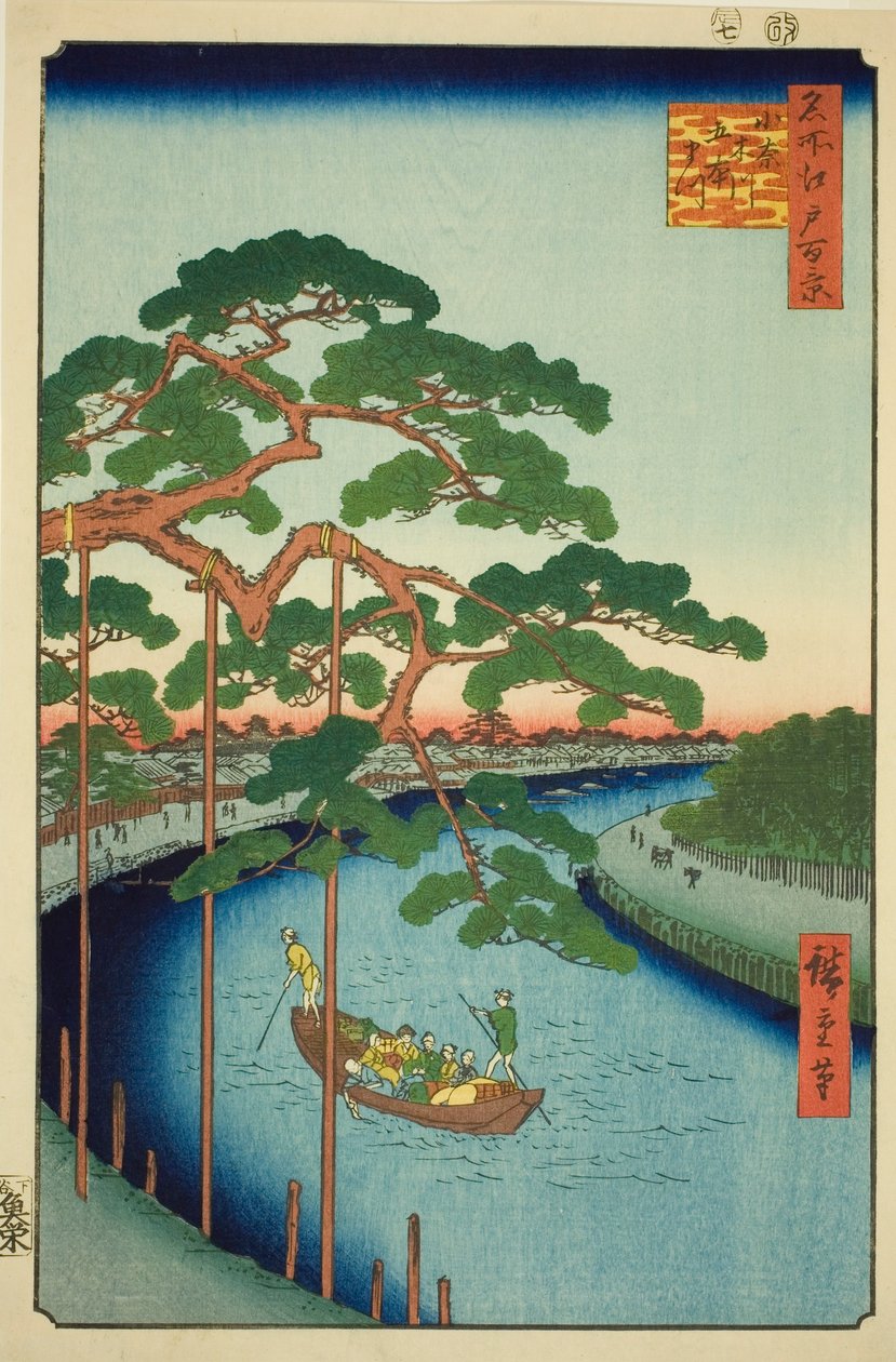 Az öt fenyő az Onagi folyón (Onagigawa Gohonmatsu), a „Edo száz híres képe (Meisho Edo hyakkei)” sorozatból alkotó: Utagawa Hiroshige