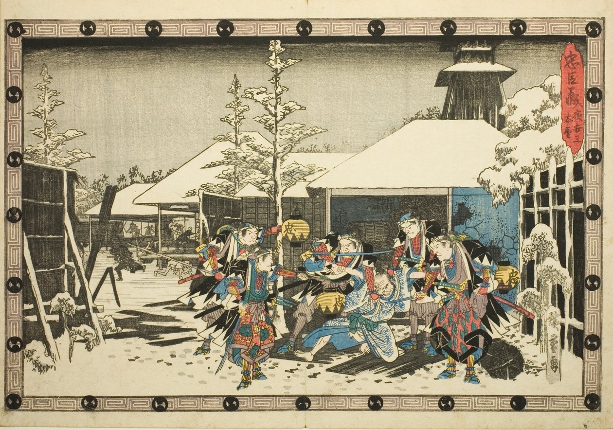 The Night Attack, 3. rész: A küldetés teljesítve (Youchi san, honmo), a "The Revenge of the Loyal Retainers (Chushingura)" sorozatból alkotó: Utagawa Hiroshige
