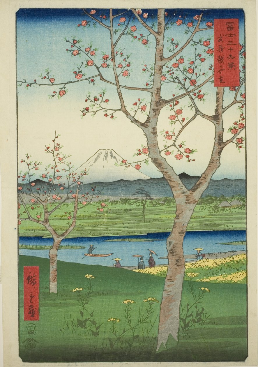 Koshigaya külvárosa Musasi tartományban (Musashi Koshigaya zai), a "Harminchat kilátás a Fuji-hegyre (Fuji sanjurokkei)" sorozatból. alkotó: Utagawa Hiroshige