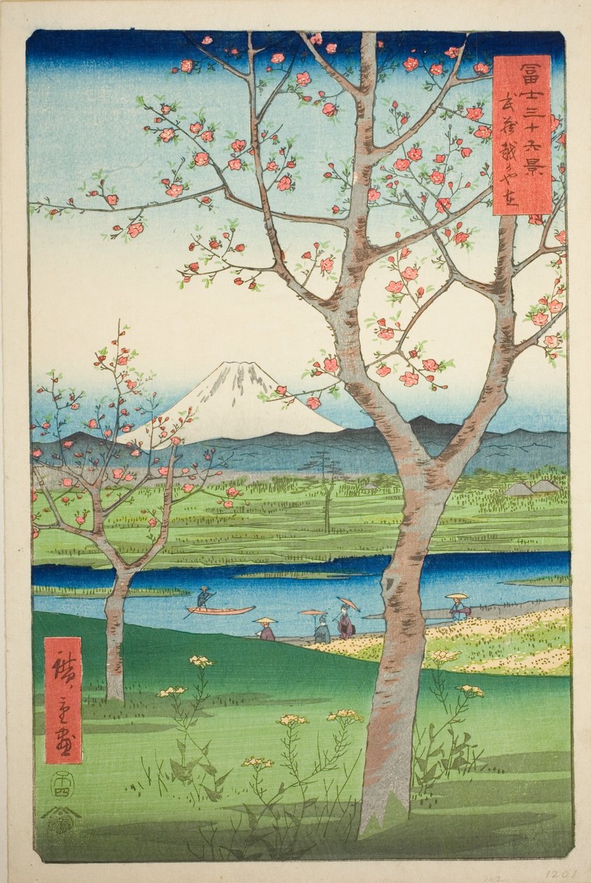 Koshigaya külvárosa Musasi tartományban (Musashi Koshigaya zai), a "Harminchat kilátás a Fuji-hegyre (Fuji sanjurokkei)" sorozatból. alkotó: Utagawa Hiroshige