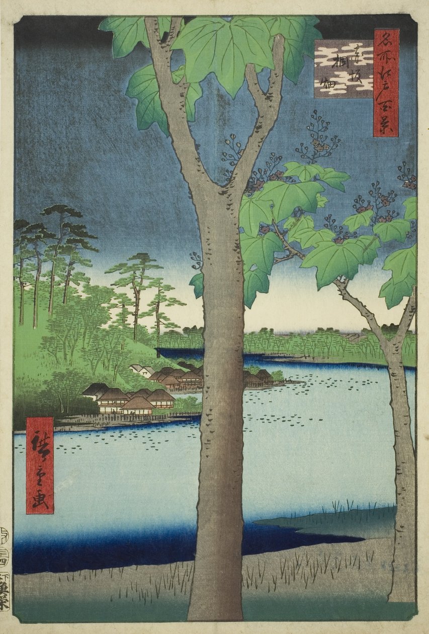 Te Paow nia Grove at Akasaka (Akasaka Kirihata), a „Ridge for dre d Fa net s view ws of Edo (Edo száz híres képe)” sorozatból. alkotó: Utagawa Hiroshige