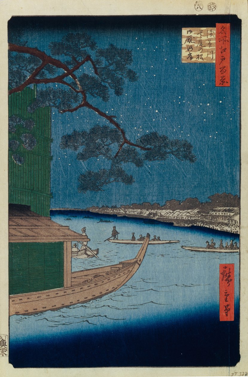A siker fenyője és Oumayagashi az Asakusa folyón Edo száz híres képe, 1856-1858 alkotó: Utagawa Hiroshige