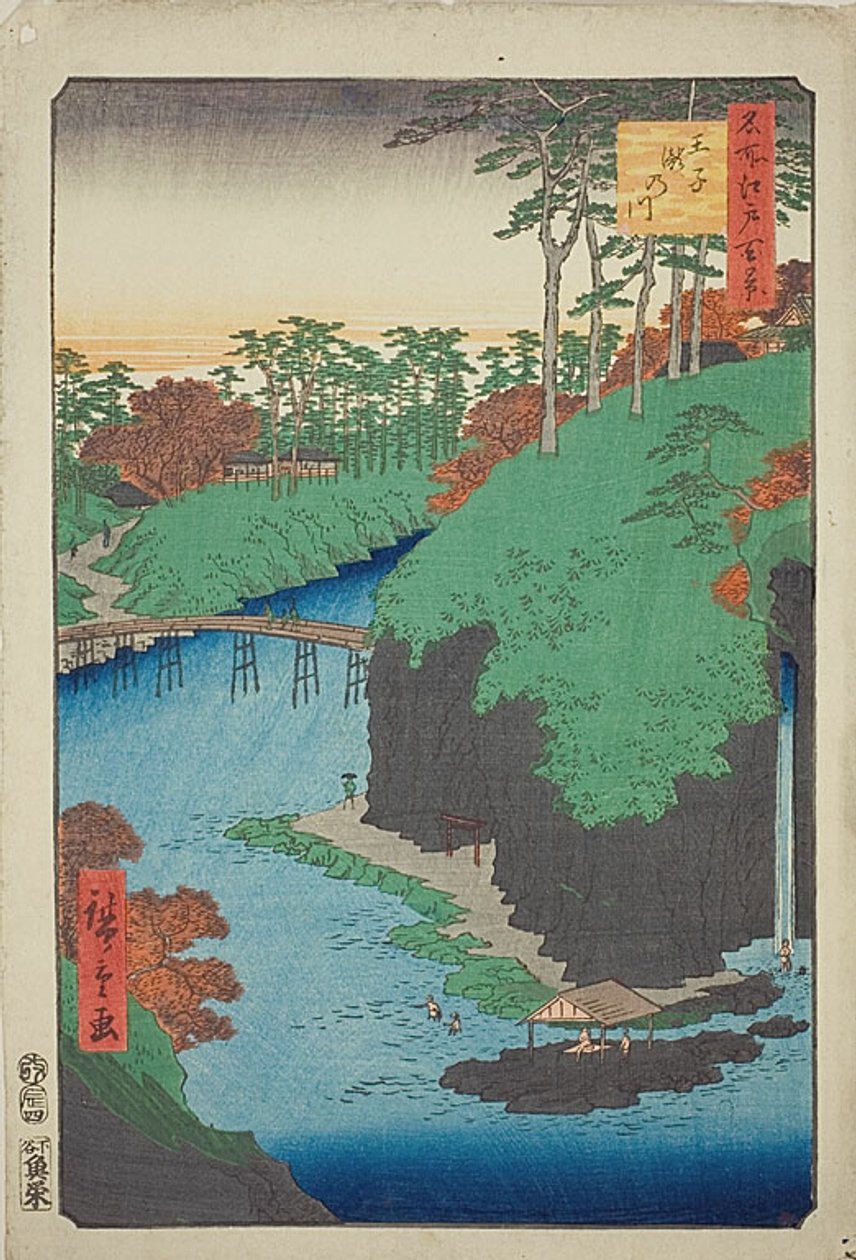 Az Oji vízesések folyója (Oji Takinogawa), 88. kép a "Száz híres edói látkép (Meisho Edo hyakkei)" sorozatból. alkotó: Utagawa Hiroshige
