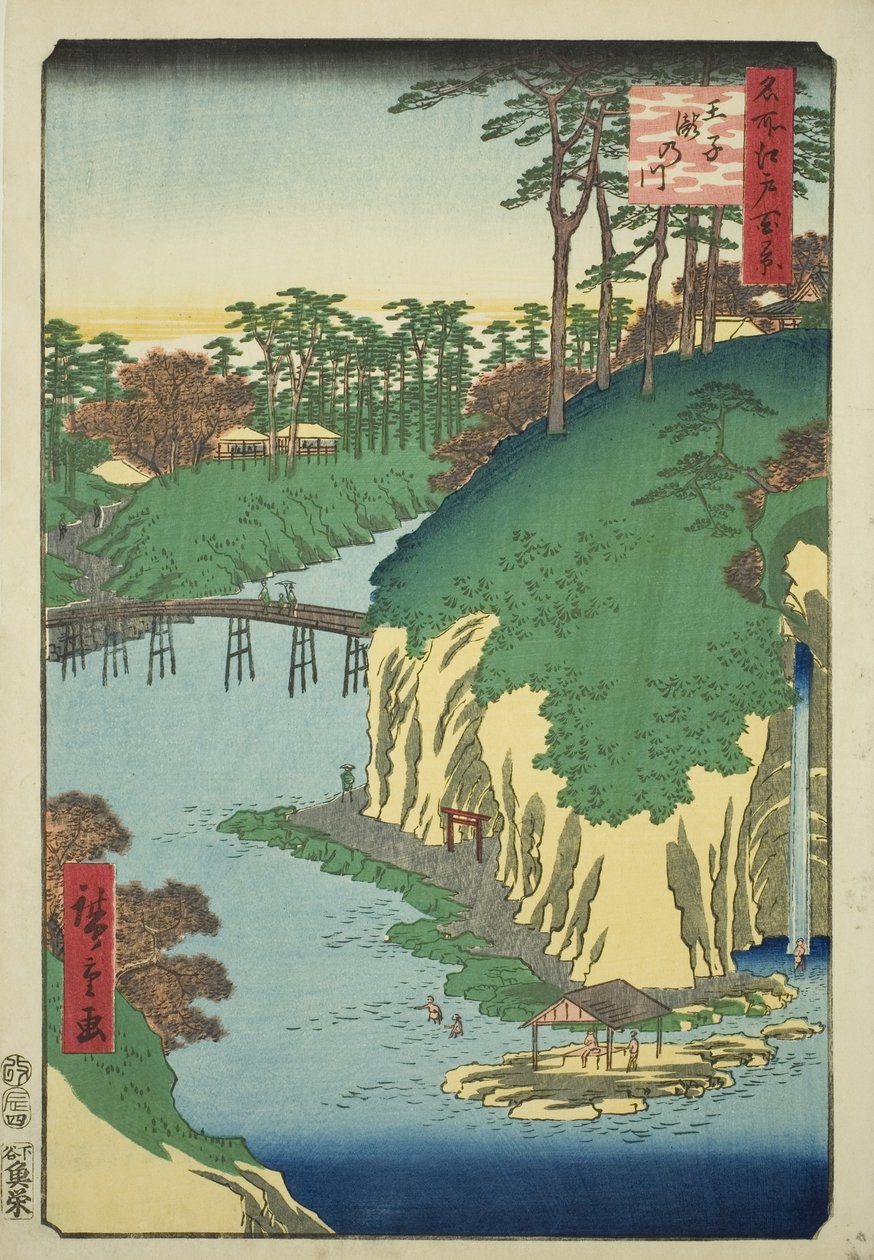 A vízesések folyója Oji-nál (Oji Takinogawa), az "Edo száz híres képe (Meisho Edo hyakkei)" sorozatból. alkotó: Utagawa Hiroshige