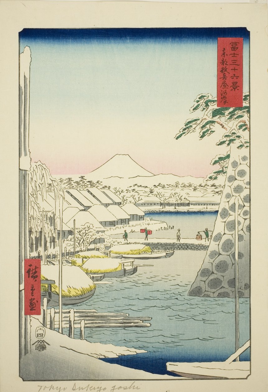 A folyópart Sukiyában a keleti fővárosban (Toto Sukiyagashi), a "Harminchat kilátás a Fuji-hegyre (Fuji sanjurokkei)" sorozatból alkotó: Utagawa Hiroshige