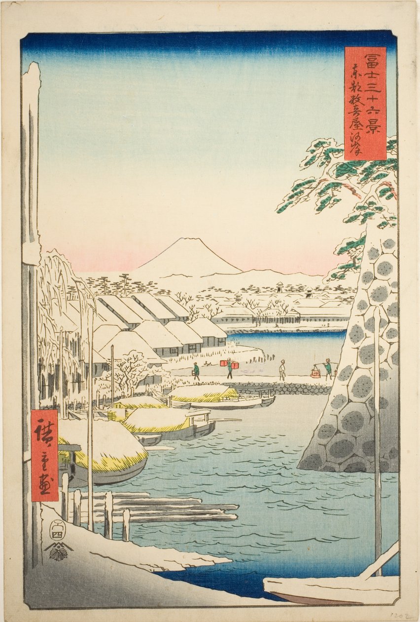 A folyópart Sukiyában a keleti fővárosban (Toto Sukiyagashi), a "Harminchat kilátás a Fuji-hegyre (Fuji sanjurokkei)" sorozatból alkotó: Utagawa Hiroshige