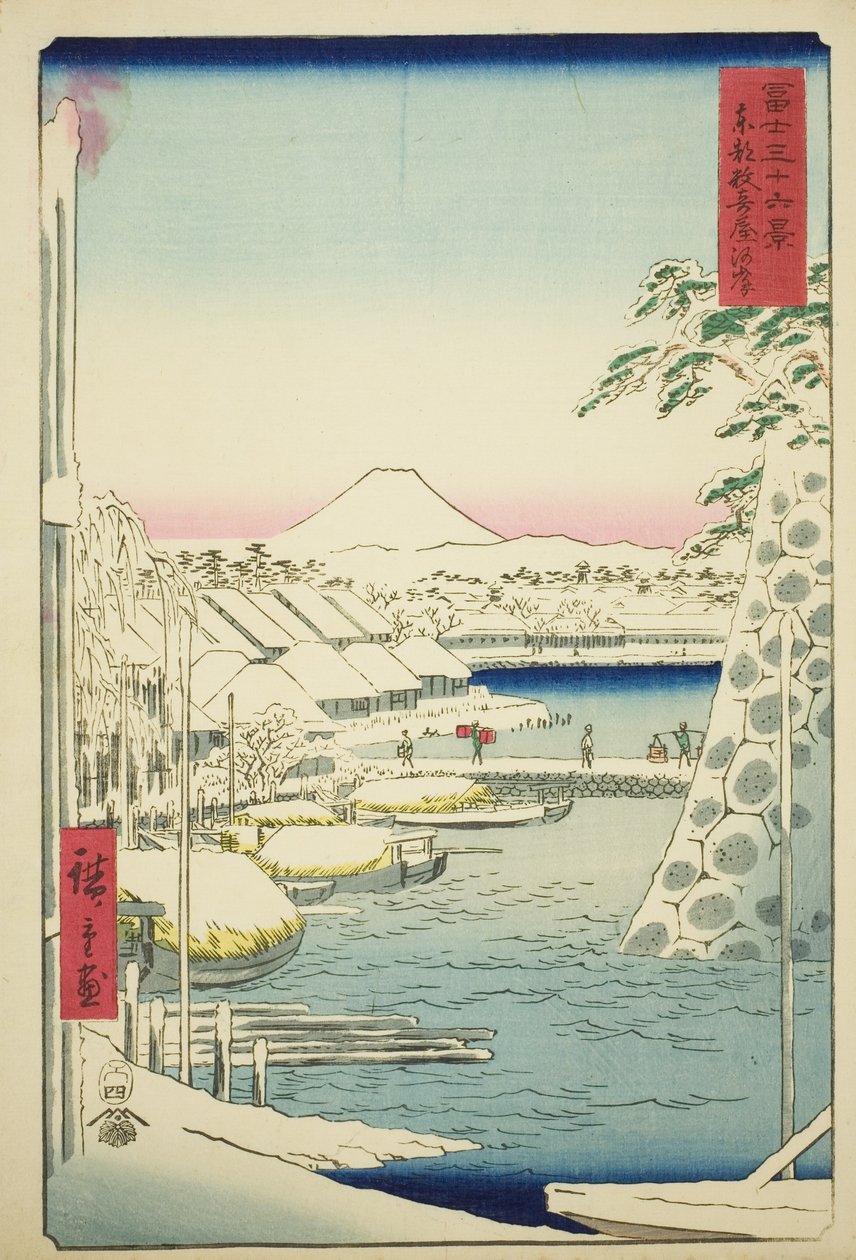 A folyópart Sukiyában a keleti fővárosban (Toto Sukiyagashi), a "Harminchat kilátás a Fuji-hegyre (Fuji sanjurokkei)" sorozatból alkotó: Utagawa Hiroshige