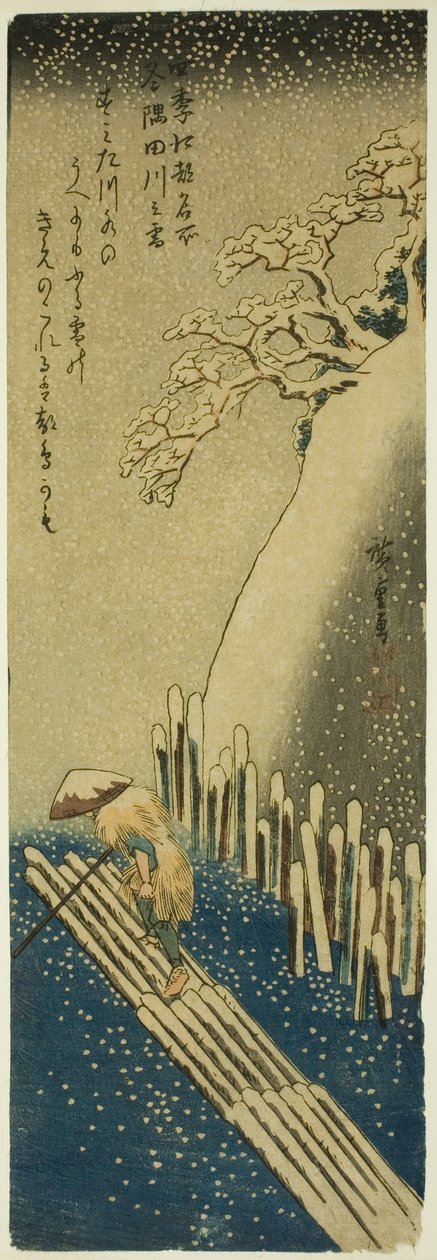 A Sumida folyó téli hóban (Fuyu Sumidagawa no yuki), a "Híres helyek Edóban a négy évszakban (Shiki Koto meisho)" sorozatból alkotó: Utagawa Hiroshige