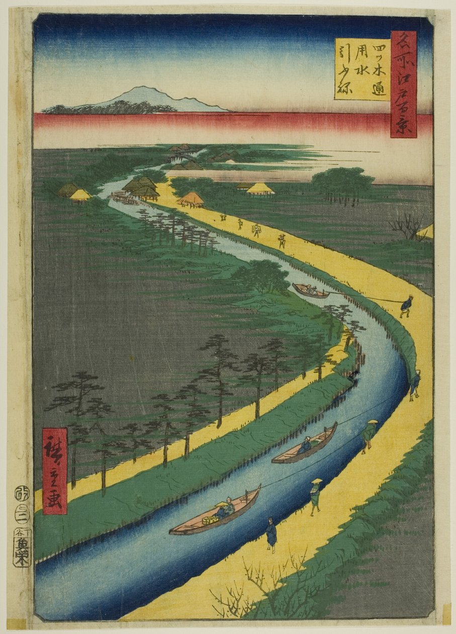 Vontatóhajók a Yotsugidori-csatorna mentén (Yotsugidori yosui hikifune), a "Száz híres nézet Edóról (Meisho Edo hyakkei)" sorozatból. alkotó: Utagawa Hiroshige