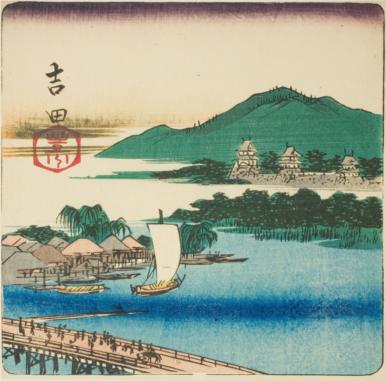 Toyo folyó Yoshida-nál (Yoshida, Toyokawa), az „Ötvenhárom állomás kivágásai (Gojusan tsugi harimaze)” sorozat lapjának egy része. alkotó: Utagawa Hiroshige