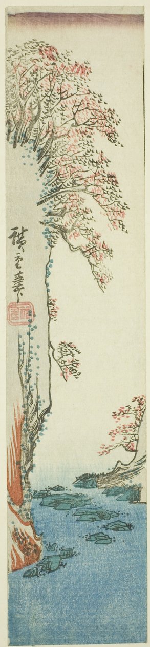 Fák egy sziklán a folyó felett alkotó: Utagawa Hiroshige