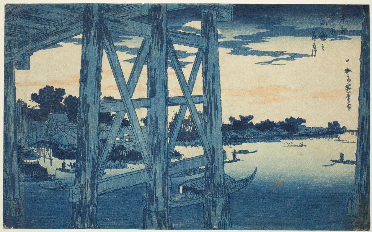 Alkonyat hold a Ryogoku hídnál (Ryogoku no yoizuki), a "Kelet fővárosának híres kilátásai (Toto meisho)" sorozatból alkotó: Utagawa Hiroshige