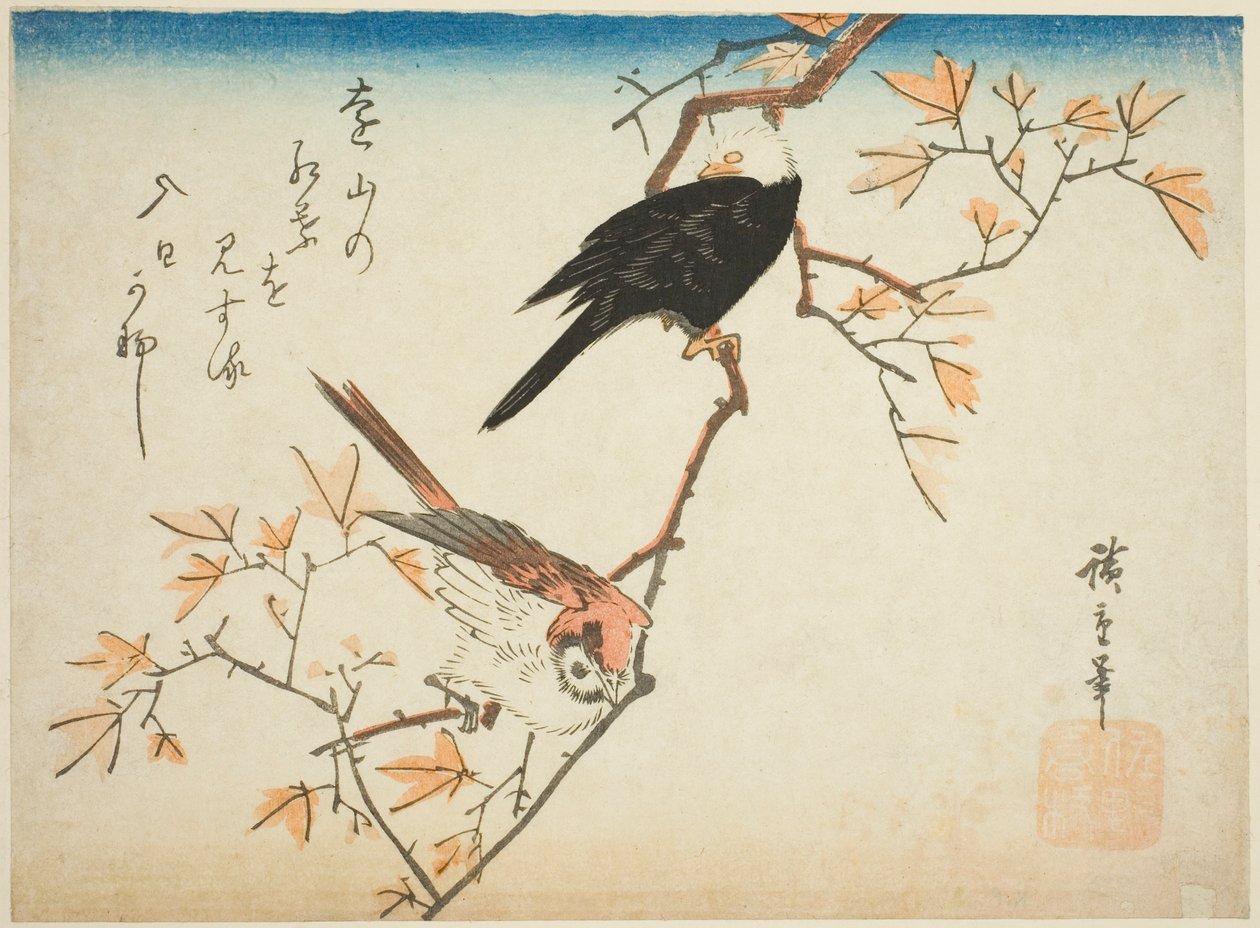 Két madár juhar ágon alkotó: Utagawa Hiroshige