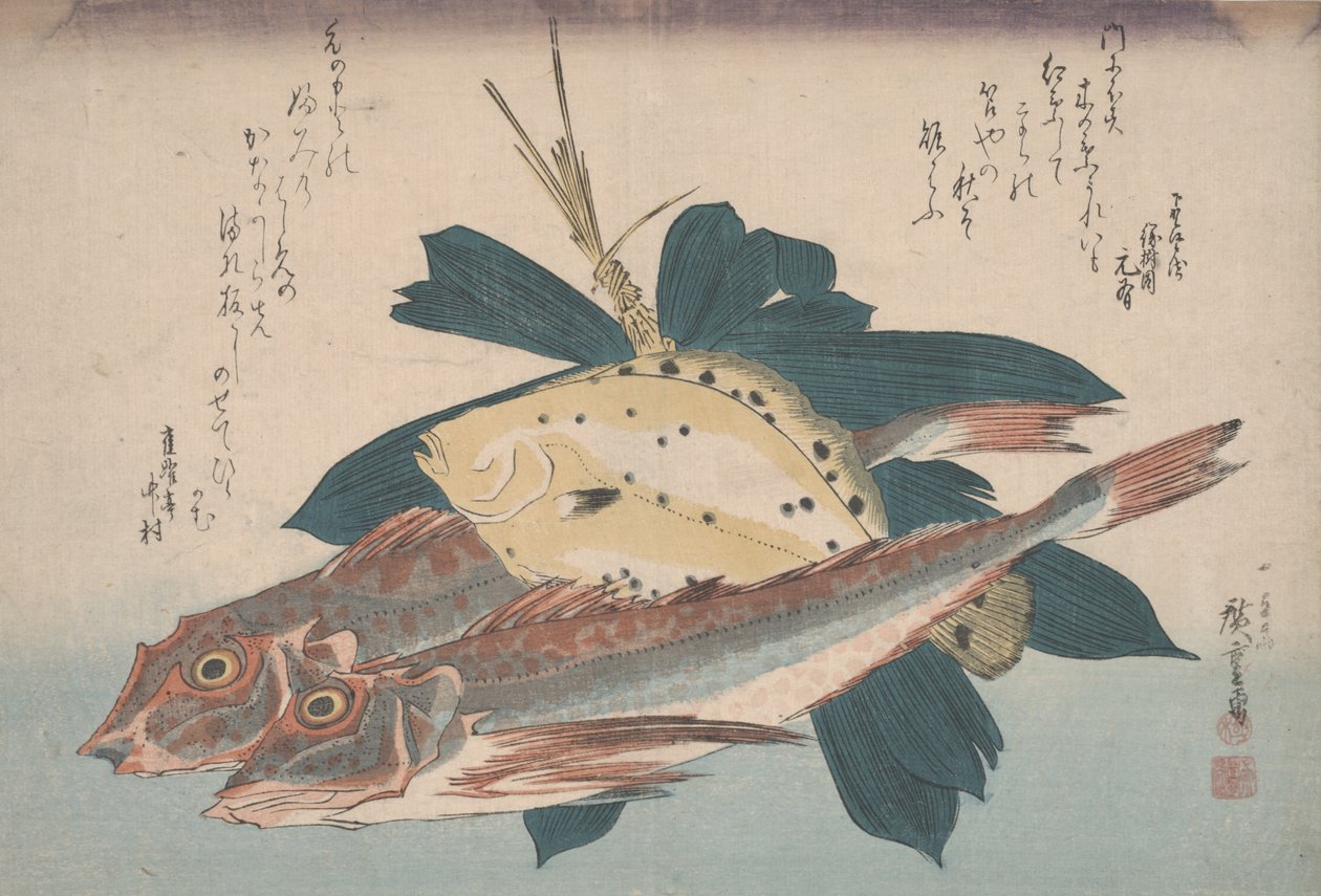 Két gunnard és egy lepényhal alkotó: Utagawa Hiroshige