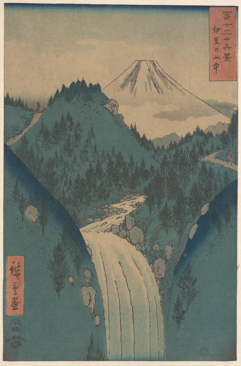 Kilátás a Fuji-sanra az Izu tartomány hegyeiből (Izu no Sanchu), a „A Fuji-hegy harminchat látképe” (Fugaku sanjūrokkei) című sorozatból alkotó: Utagawa Hiroshige