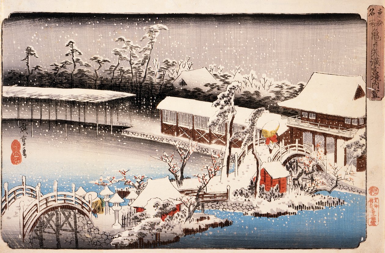 Kilátás a havas Kameido Tenmangū szentélyre alkotó: Utagawa Hiroshige