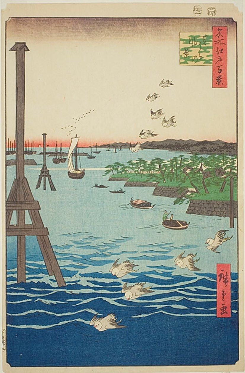 Shiba partjának látképe (Shibaura no kei), világoskék és sötétkék vízzel, 108. sz. a Száz híres edói látkép (Meisho Edo hyakkei) sorozatból. alkotó: Utagawa Hiroshige