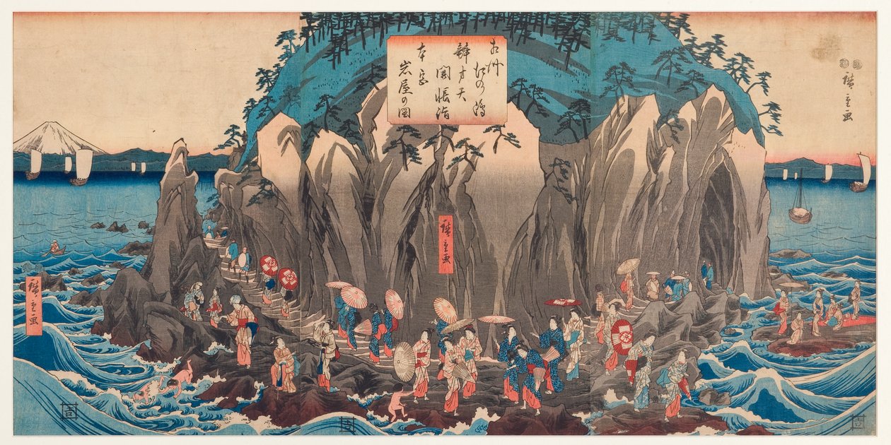 Kilátás egy zarándoklatra a Benzaiten barlanghoz és szentélyhez Enoshimában, Sagami, 1850-51 körül (fatömb) alkotó: Utagawa Hiroshige