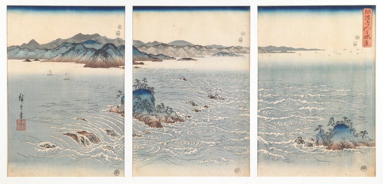 Az awai örvények látképe, egy cím nélküli, három triptichonból álló sorozatból alkotó: Utagawa Hiroshige
