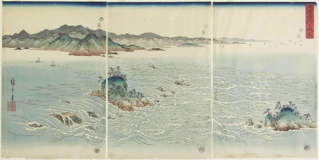 Kilátás az örvényfürdőkre Awa tartományban, 1857 alkotó: Utagawa Hiroshige