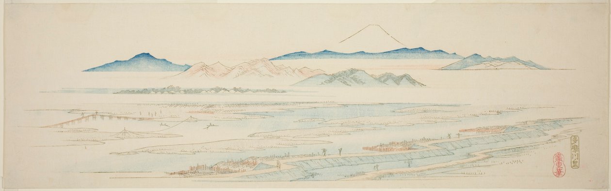 Tamagawa falu (Tamagawa no sato), az Edo külvárosára nyíló híres kilátások cím nélküli sorozatából alkotó: Utagawa Hiroshige