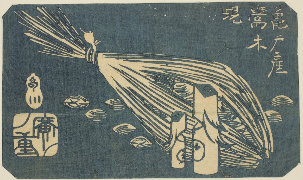 Kameido (Kameido san Uguisu ki shijimi) poszáta fafaragásai és kagylói, a „Kivágások Edo híres helyeiről (Harimaze Koto meisho)” sorozat lapjának egy része. alkotó: Utagawa Hiroshige