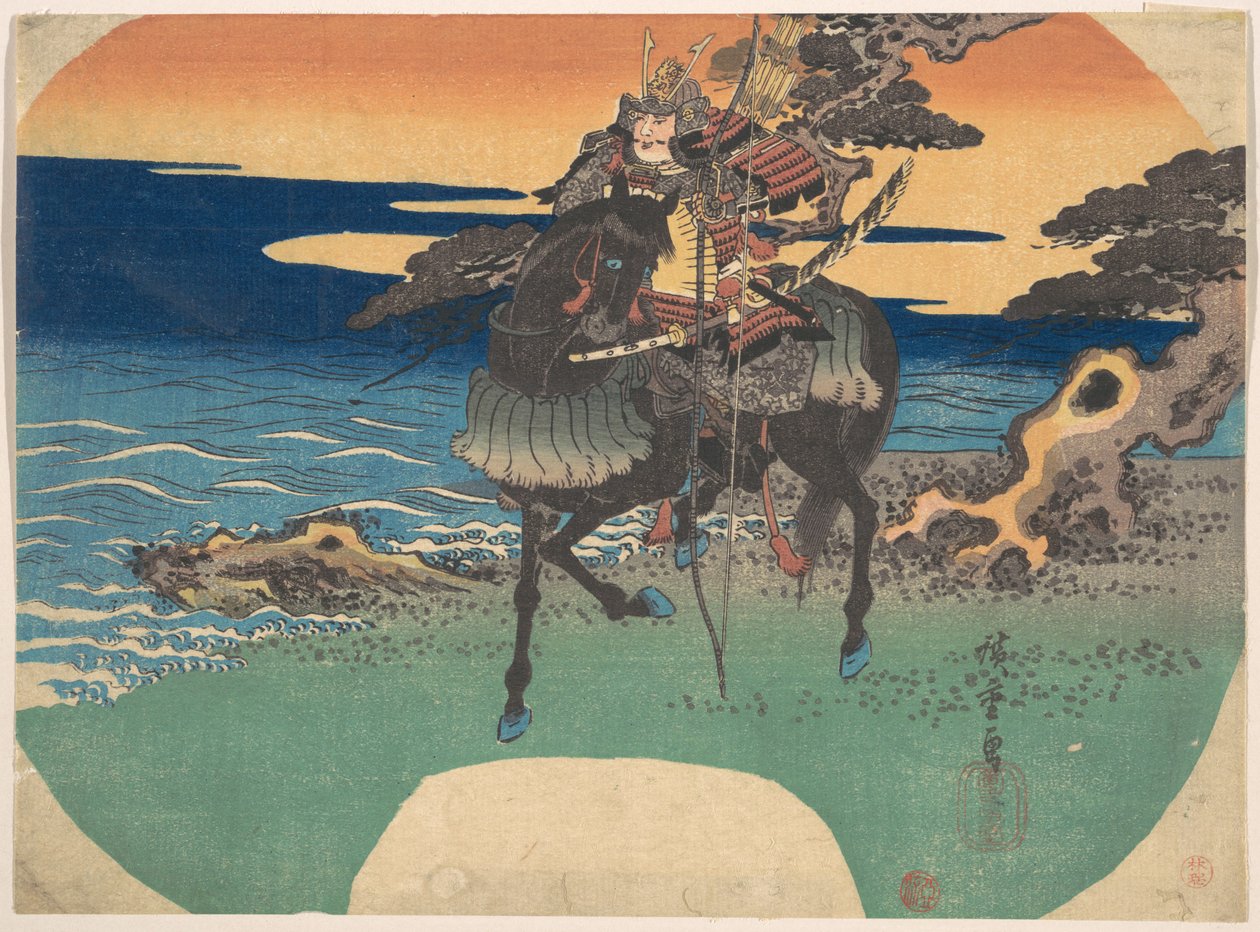 Fekete lovon lovagló harcos a tengerpart mentén alkotó: Utagawa Hiroshige