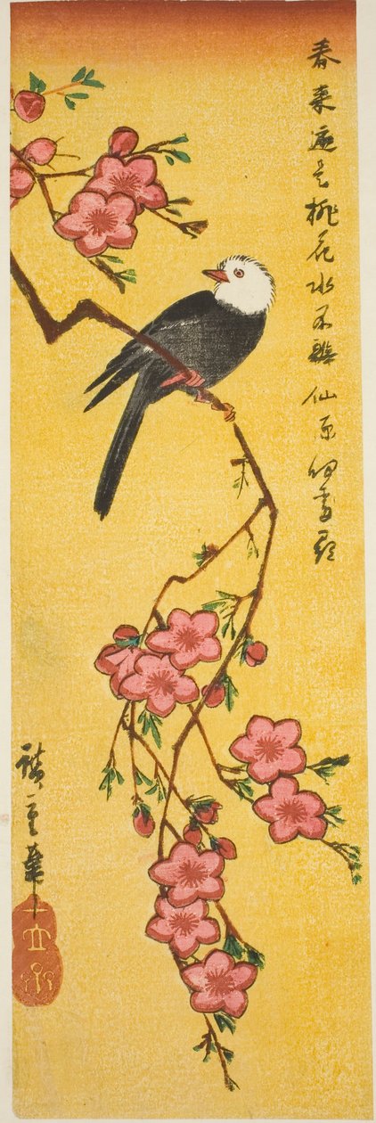 Fehér fejű madár őszibarack ágon alkotó: Utagawa Hiroshige