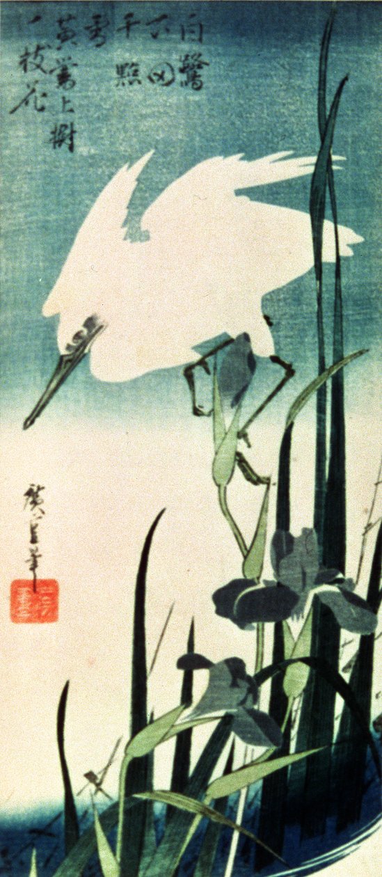 Fehér gém és írisz (színes fametszet) alkotó: Utagawa Hiroshige
