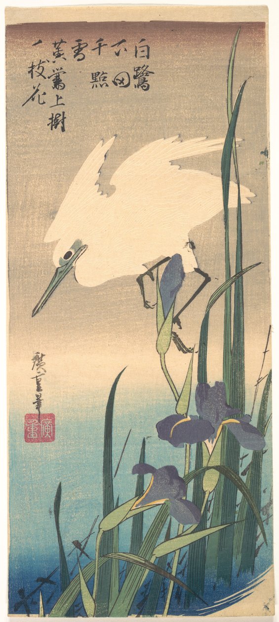 Fehér gém és írisz alkotó: Utagawa Hiroshige