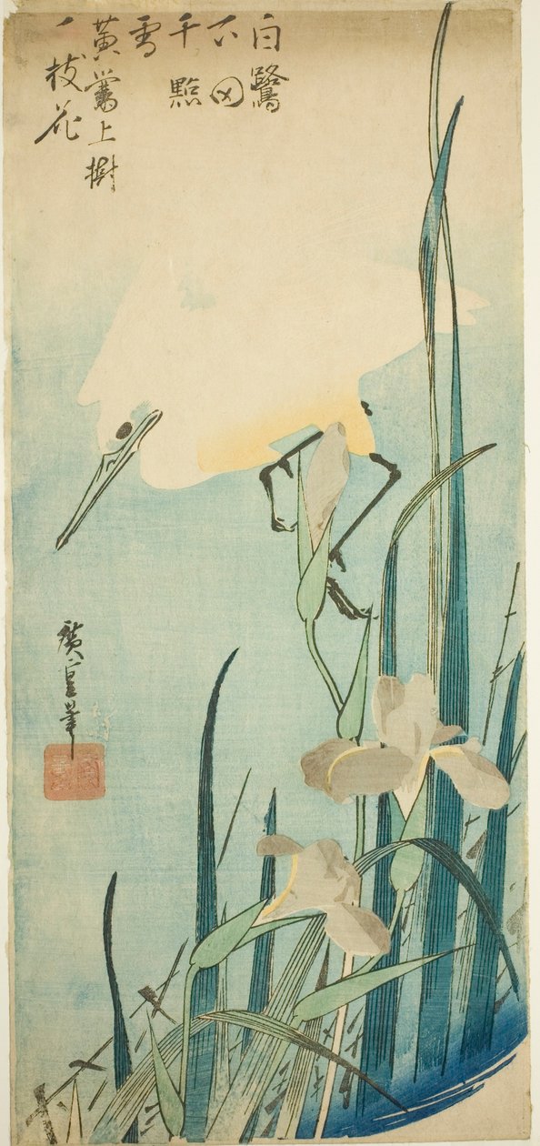 Fehér gém és írisz alkotó: Utagawa Hiroshige