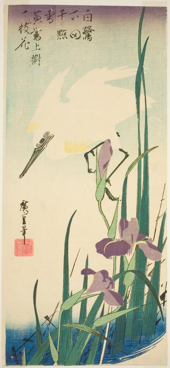 Fehér gém és írisz alkotó: Utagawa Hiroshige