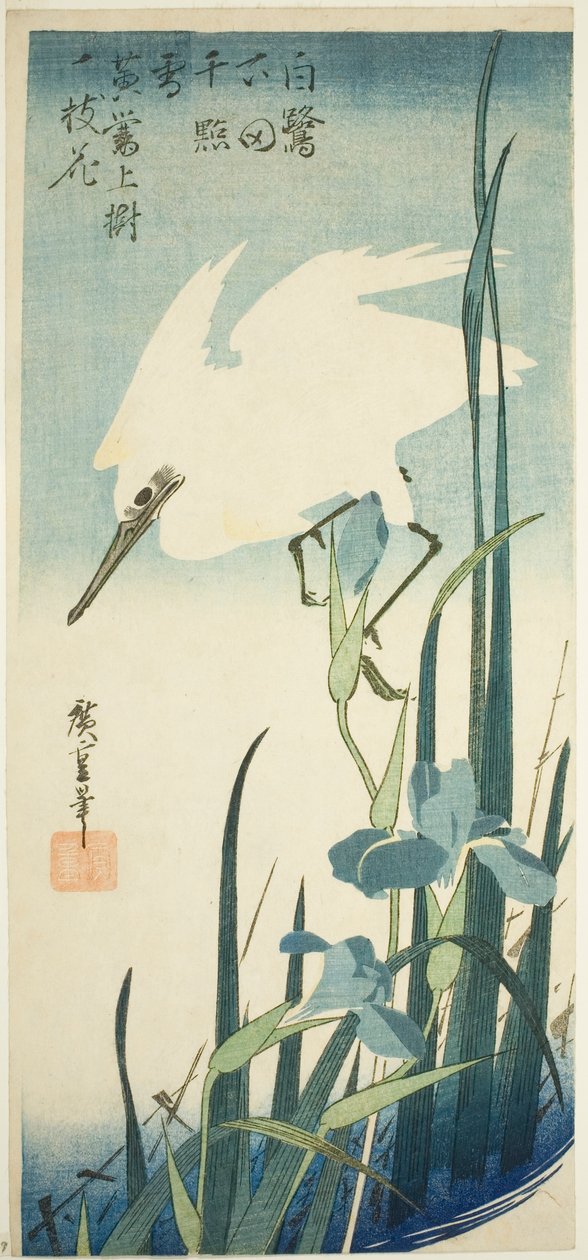 Fehér gém és írisz alkotó: Utagawa Hiroshige