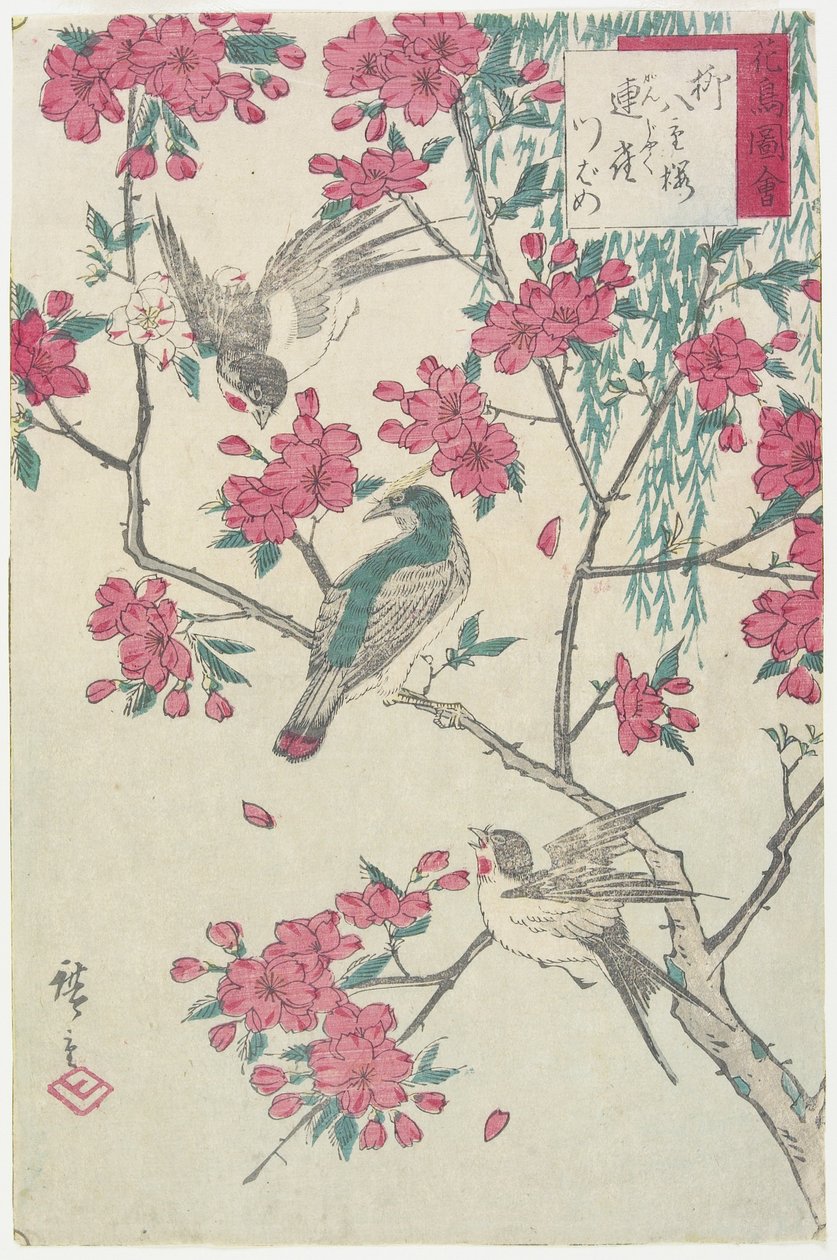 Fűzfa, cseresznyevirág, veréb és fecske, 19. század eleje alkotó: Utagawa Hiroshige