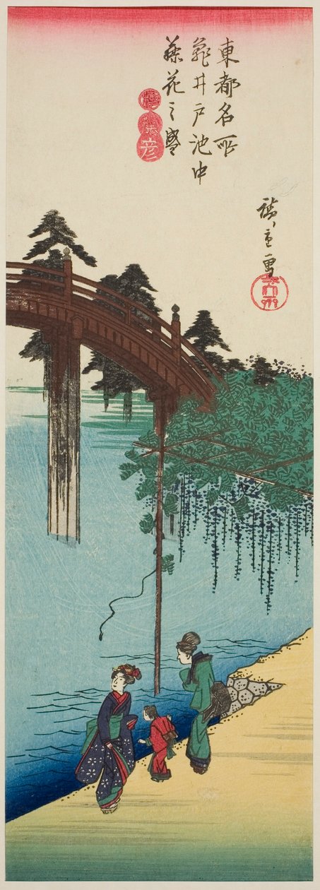 Wisteria teljes virágzásban a tó felett a Kameido szentélynél (Kameido ike chu fujibana no sakari), a "Híres helyek a keleti fővárosban (Toto meisho)" sorozatból. alkotó: Utagawa Hiroshige